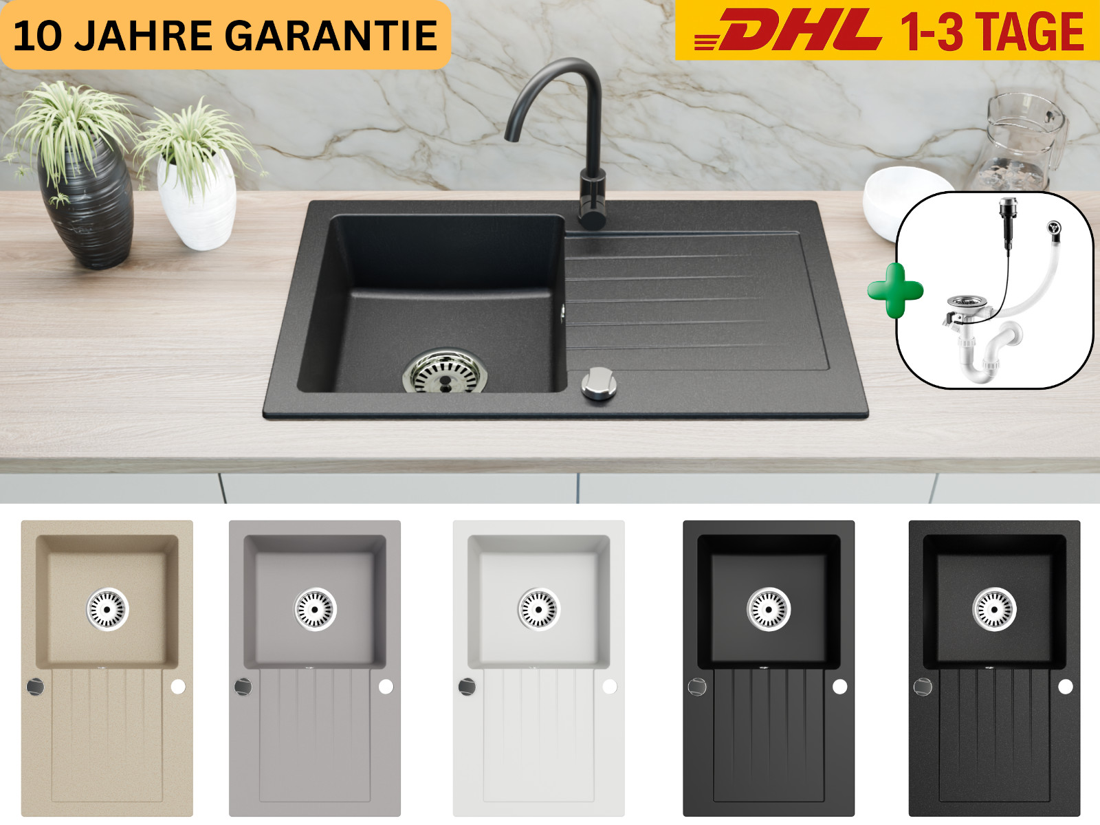 Faizee Home Granitspüle 75x43,5 cm Schwarz mit Armatur | inkl. Siphon-Set