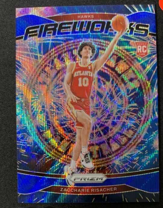 Zaccharie Risacher 2024-25 Panini Prizm Fireworks Blue Wave Prizm 122/175 RC #6