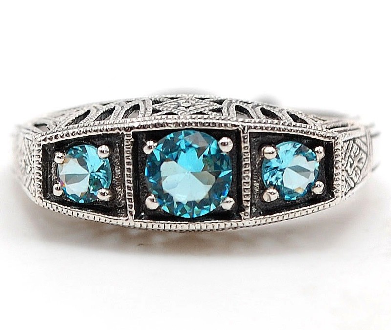 1CT Aquamarine 925 Solid Sterling Silver Art Nouveau Ring Sz 6 F6-5