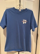 Trader Joe’s Crew Member Sz-L Hibiscus 🌺 Flower Short Sleeve Blue T Shirt EUC