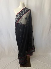 Black Sequin Net Saree with Red Border Elegant Evening Drape