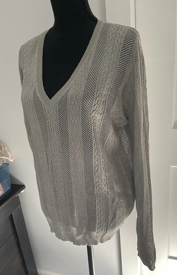 ELLEN TRACY XL 珠光银色女式 83% 真丝混纺网纱针织毛衣 248 美元 — 第 3/4 张图片