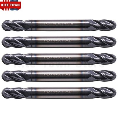 5Pcs 4 Flute 1/4'' Solid Carbide Ball Nose End Mill - Double End - AlTiN Coated