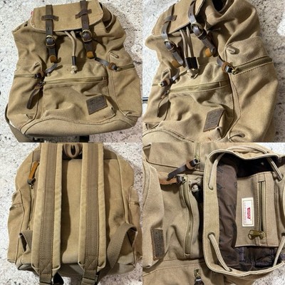Augur Strauss & Co Jans Thick Canvas Leather Backpack with Drawstring EUC Tan
