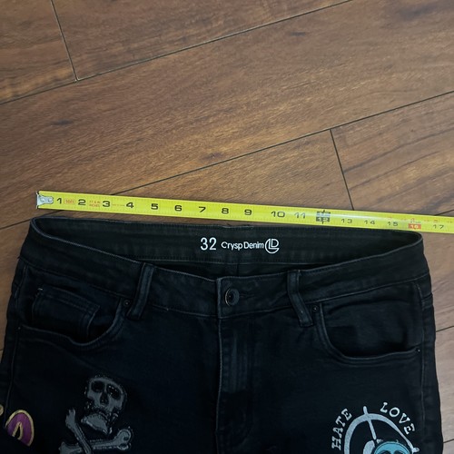 Crysp Denim Jean Shorts Jorts Men's 32 Black Stretch Denim Skull Embroidered Y2K - Picture 12 of 14