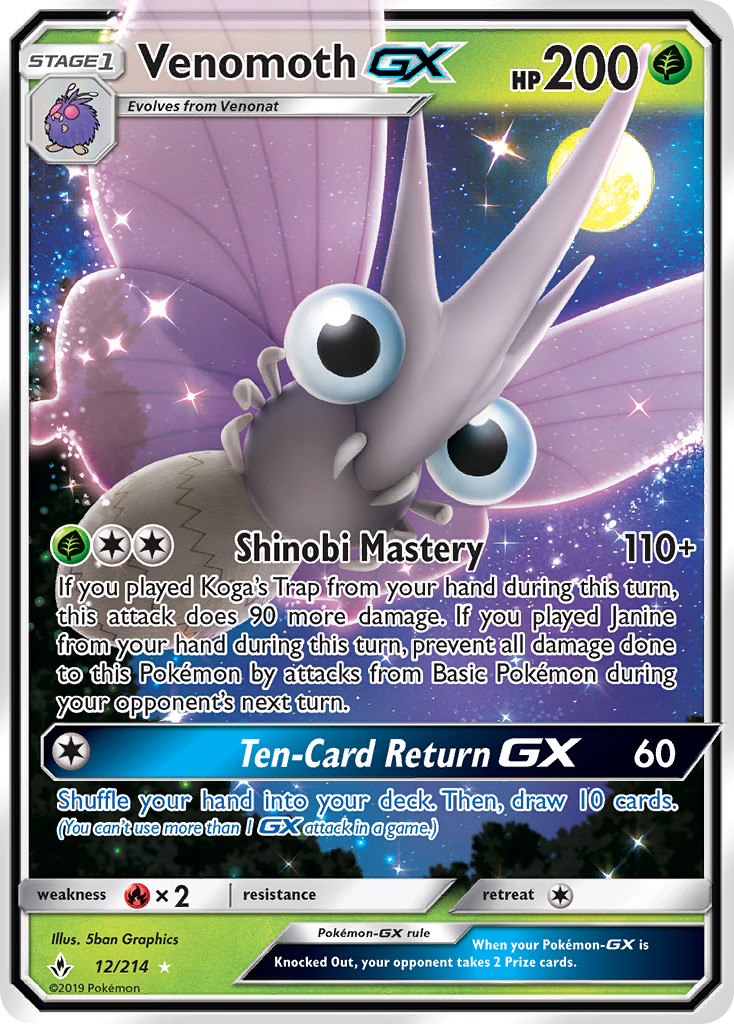 Venomoth GX 12/214 Holo GX Rare Unbroken Bonds Pokemon Near Mint