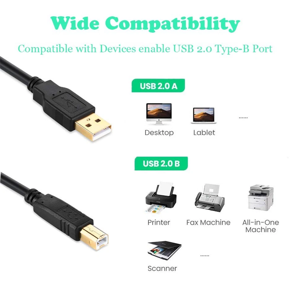 20FT USB 2.0 Printer Cable Type A to B Male Cord for HP Canon Epson Dell - Image 4 of 4