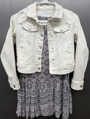 Cat & Jack Denim Jacket Girls Sz M White With Sundress Sz 8 LOT of 2 School Play