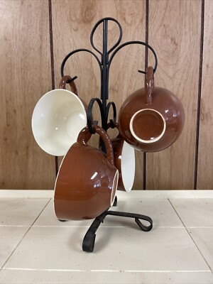 mid Century Brown & Ivory Porcelain Mugs Twisted Handles On Black Metal Stand  E
