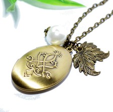 MEDAILLON + Kette Anhänger Halskette Foto aufklappbar bronze vintage oval Perle