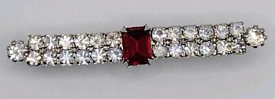Vintage Ruby Color Rhinestone Silver Tone Bar Brooch 2''