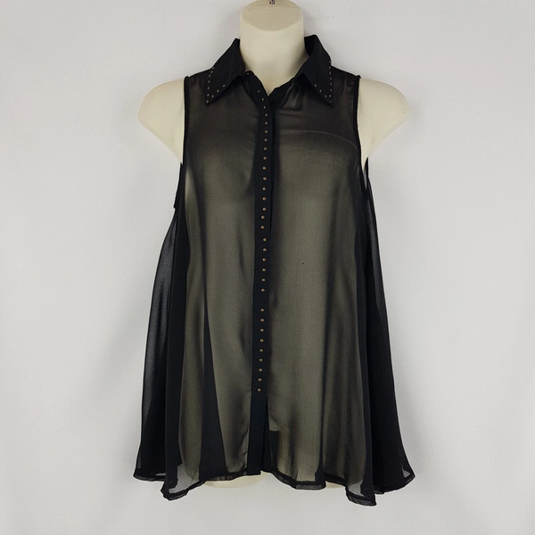 Crossroads Women 14 Black Sheer Long Lined Black Sleeveless Button Up Blouse