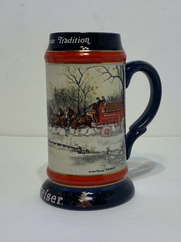 1990 Budweiser Beer Holiday Christmas Stein Mug With Clydesdales by Ceramarte - Picture 3 of 7
