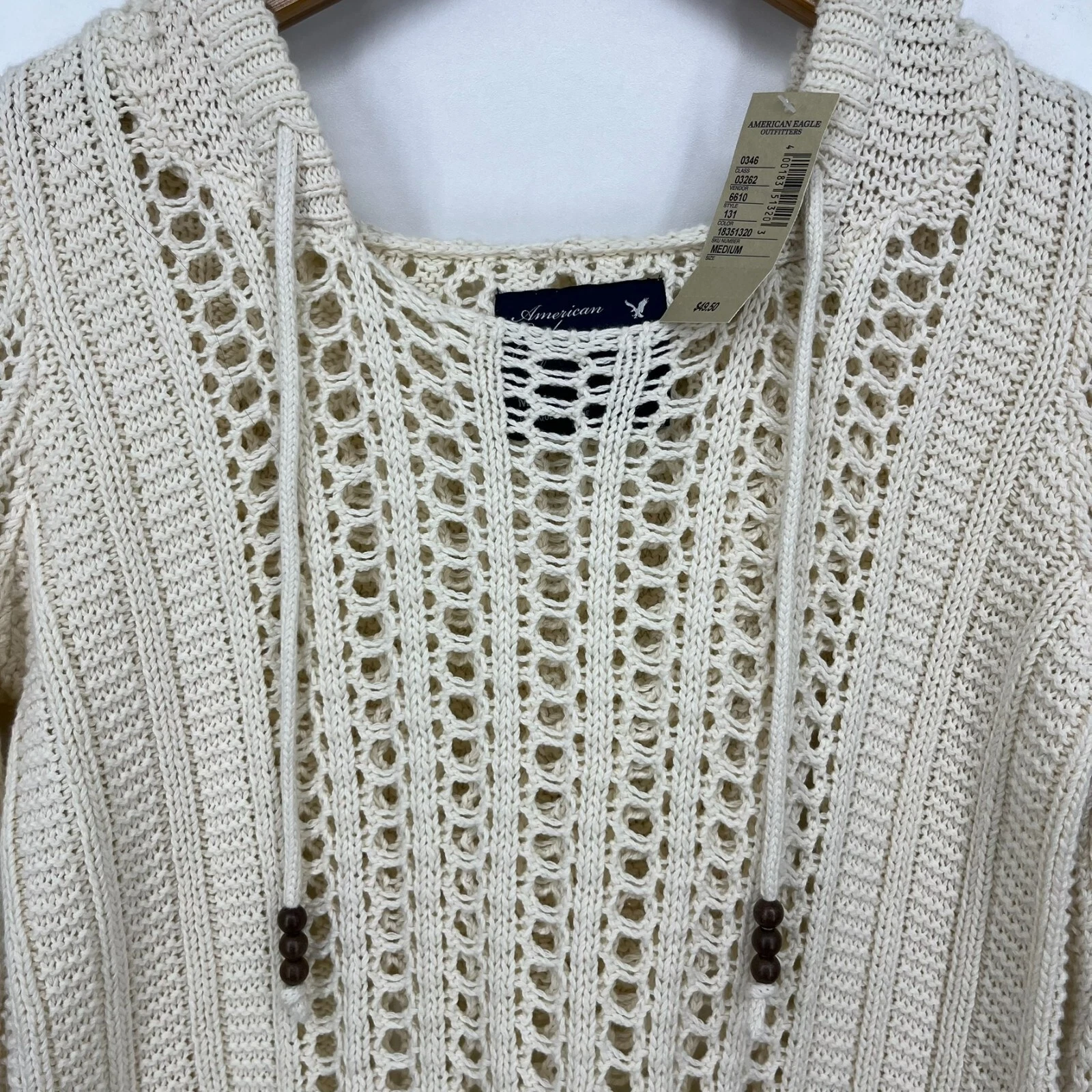 OFF WHITE Felpa con cappuccio American Eagle all'uncinetto donna taglia M panna maglia pullover Y2K nuova con etichetta