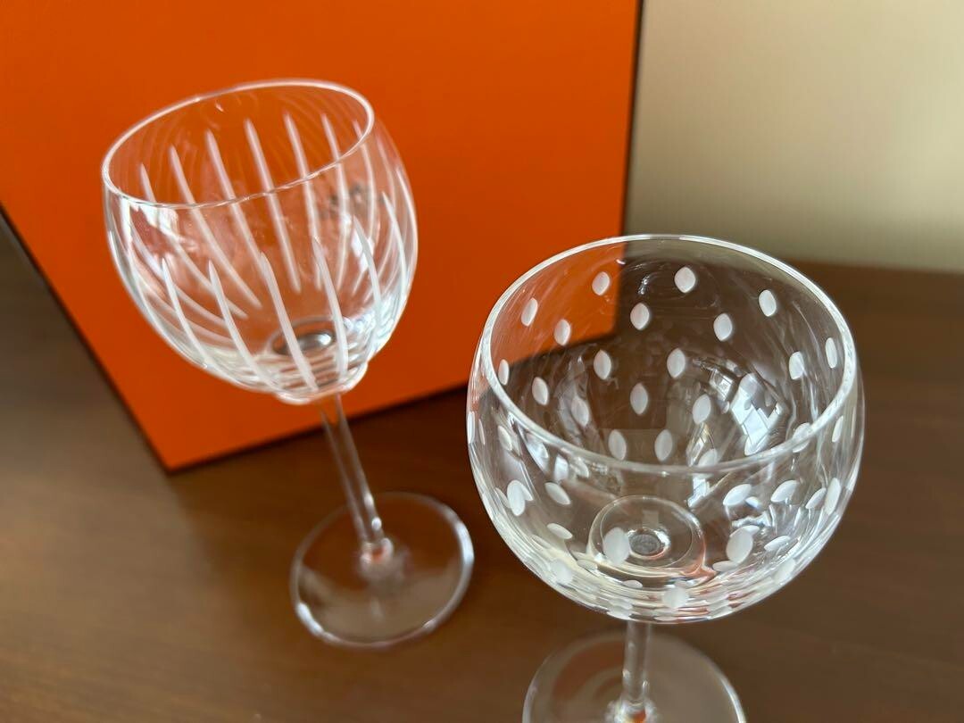 HERMES Fanfare Pair Wine Glass Crystal Clear Glasses Glassware