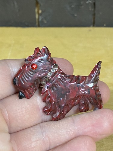 Vintage Dark Cherry Red Bakelite Scotty Scottish Terrier Dog Brooch Pin Large 2” - Picture 10 of 14