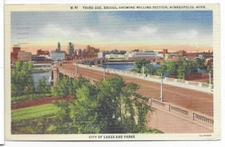 THIRD AVE, BRIDGE, MILLING SECTION MINNEAPOLIS MINN. VINTAGE LINEN POSTCARD 1C55