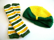 Kids Child's Striped Leg/Arm Warmers and Beanie Style Crochet Hat Green Yellow