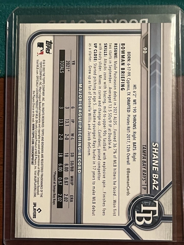 2022 Bowman - Purple Border #90 Shane Baz /250 (RC) - Image 2 of 4