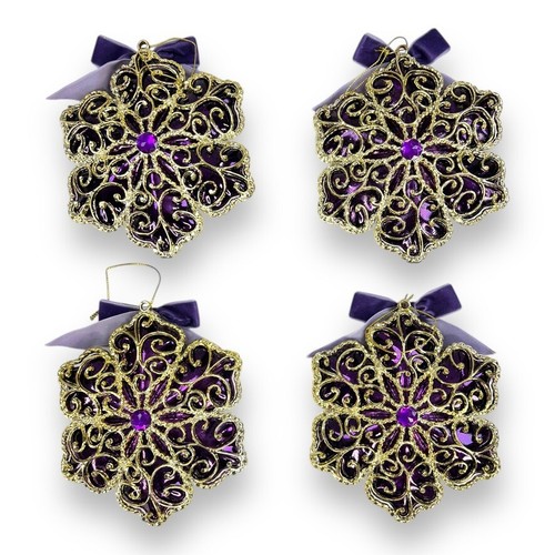4-Pack Elegant Filigree Gold & Purple Faux Mercury Glass Snowflake Ornaments - Picture 3 of 20