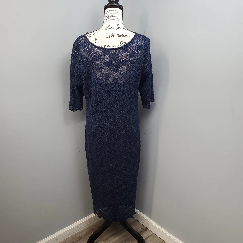 Midnight Velvet Sheath Dress Women's 16 Navy Sequin Lace 3/4 Sleeve Round Neck - Image 2 of 4
