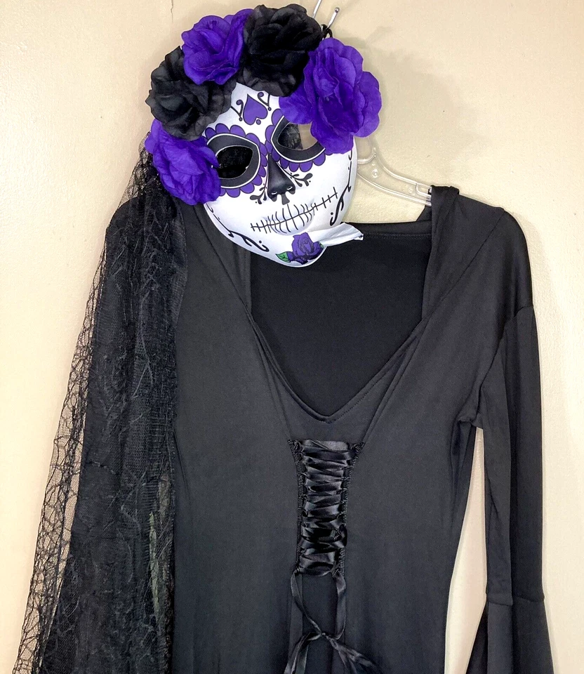 Day of the Dead Sugar Skull Bride Mask Black Veil & Black Dress Costume Adult - Image 2 of 4