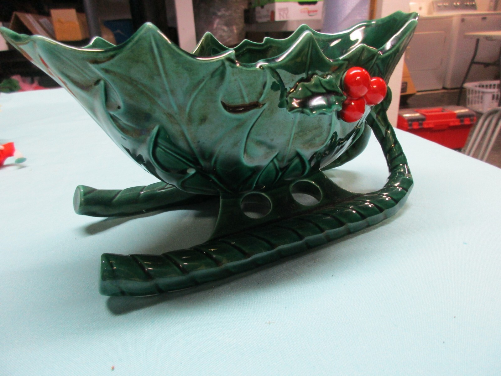 1970's Vintage Lefton Holly Berry Christmas Sleigh Candy Dish