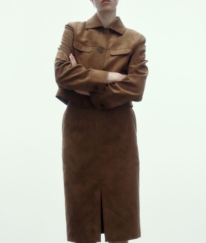 H&M faux suede napped fabric knee length pencil skirt caramel brown