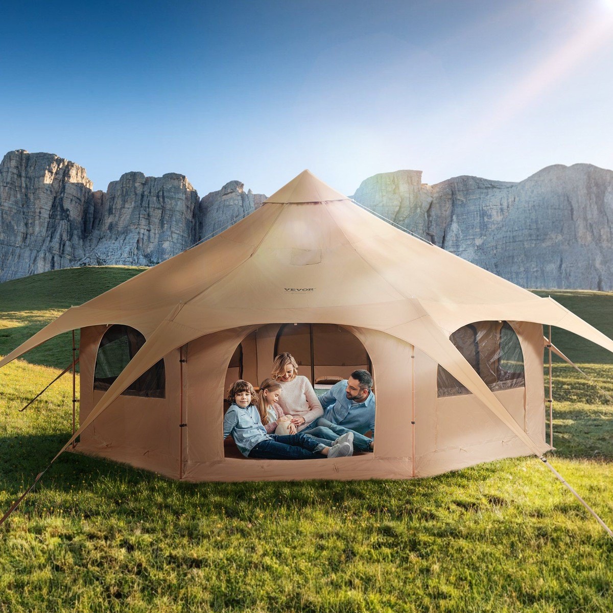 5m TC Canvas Bell Tent, Stove Jack & 8 Mesh Windows, 4-Season