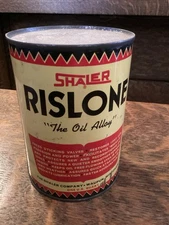 Vintage Shaler Rislone Oil Can Quart Tin Gas Oil Auto Garage Display Full