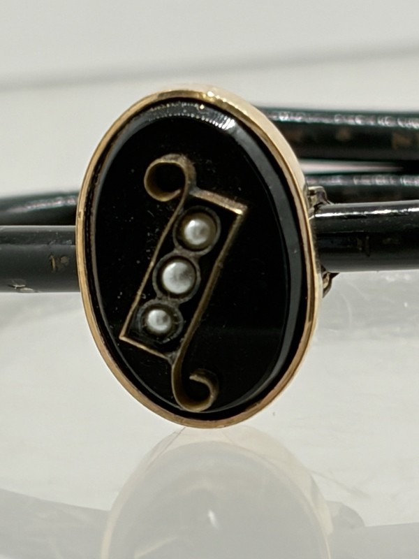 Antique Victorian Mourning Bypass Bracelet Pat 1879 Onyx Seed Pearl Gold Filled