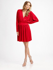 HALSTON HERITAGE Red Jersey V-Neck Long Sleeve Dolman Fit & Flare Dress, Size 6