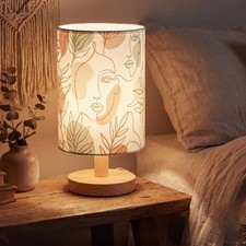 Boho Table Lamp with Linen Shade  Wood Base, 16 Color Dimmable LED Bedside D...