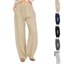 Womens Full Length Straight Leg Trousers Loose Fit Elastic Waist Pants