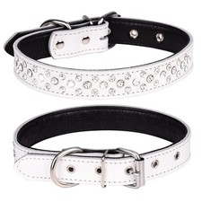 Rhinestones Dog Collar, Adjustable Sparkly Crystal Studded Genuine Leather Pe...