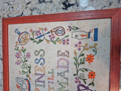 Vintage Framed Crewel Embroidery Happiness is Still Homemade 12X15 Embroidered - Picture 7 of 12