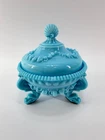 Vintage Blue Milk Glass Candy Dish Covered Bowl Pedestal Footed Shell Lid