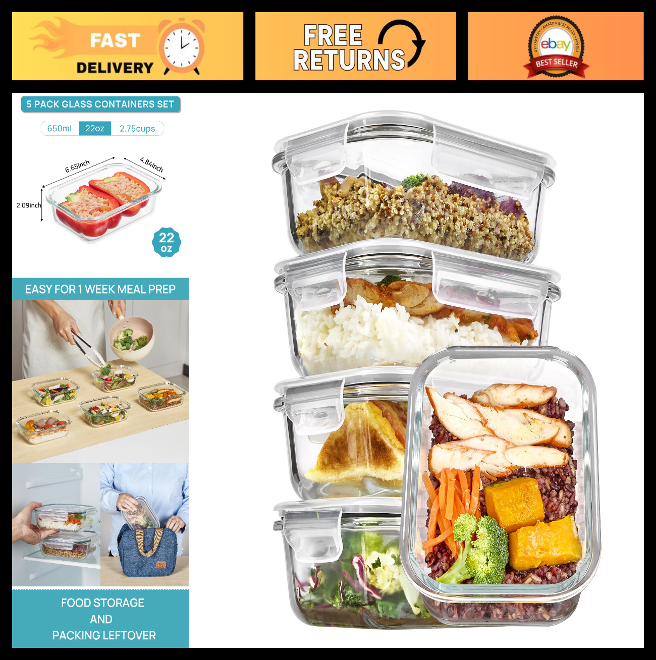 5-Pack 22oz Glass Meal Prep Containers with Airtight Lids - Microwave, Oven, Fre