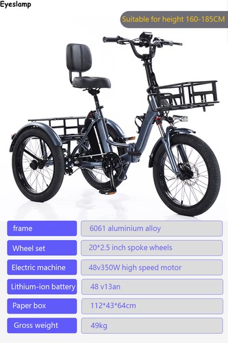 Electric Tricycle 20 Inch Folding 48V 350W 13Ah LED Light Perfect for Seniors - Picture 10 of 11