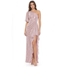 Mac Duggal Gown Womens 2 Mauve Pink Sequin One Shoulder Ruffle Slit Formal 93662