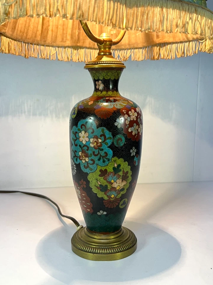 LAMPE ANCIENNE EN BRONZE DORÉ ÉMAUX CLOISONNÉS XXème - Photo 4/4