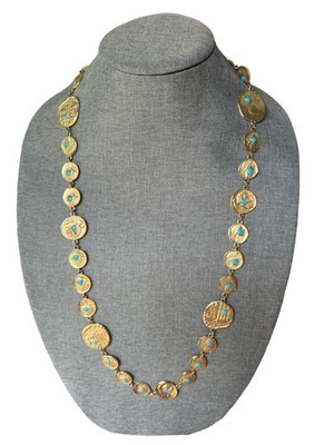 Vintage Pauline Rader Gold Tone Turquoise Bead Greek Roman Coin Necklace 33''