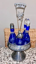 Vintage 6 Pc Blue Glass Bottle~Castor Cruet Condiment Set~Silver Plated Stand