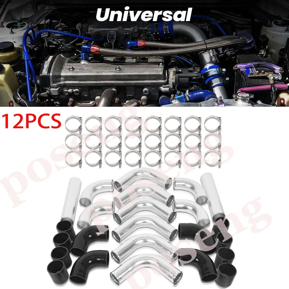 Universal 3" Aluminum Turbo Intercooler Pipe Tube Kit w/ Silicone Hose + Clamps Foto 2 de 4