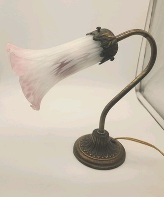 VTG ANDREA BY SADEK Frosted Glass Pink & White Tulip Flower Brass Table Lamp 9 