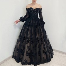 Black Gothic Wedding Dresses Puff Sleeves Sweetheart Applique Corset Bridal Gown