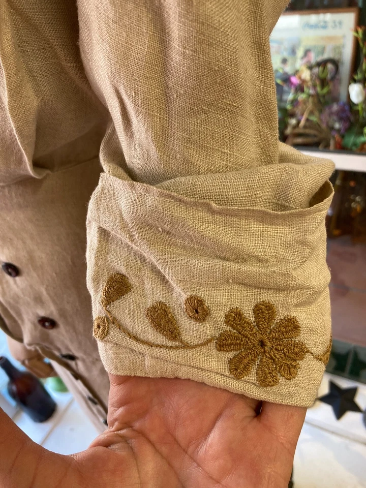 Vtg Women's Antique Late 1800s Beige/ Tan Embroidered Linen Long Dress Sz XS/S - Image 4 of 4