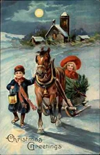Christmas Children Horse Pulls Sled Night Scene c1900s-10s Postcard