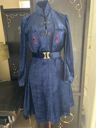 Vintage 1960 Milan Tokyo Military Style , Tailored Blue Velvet Dress - Picture 5 of 10