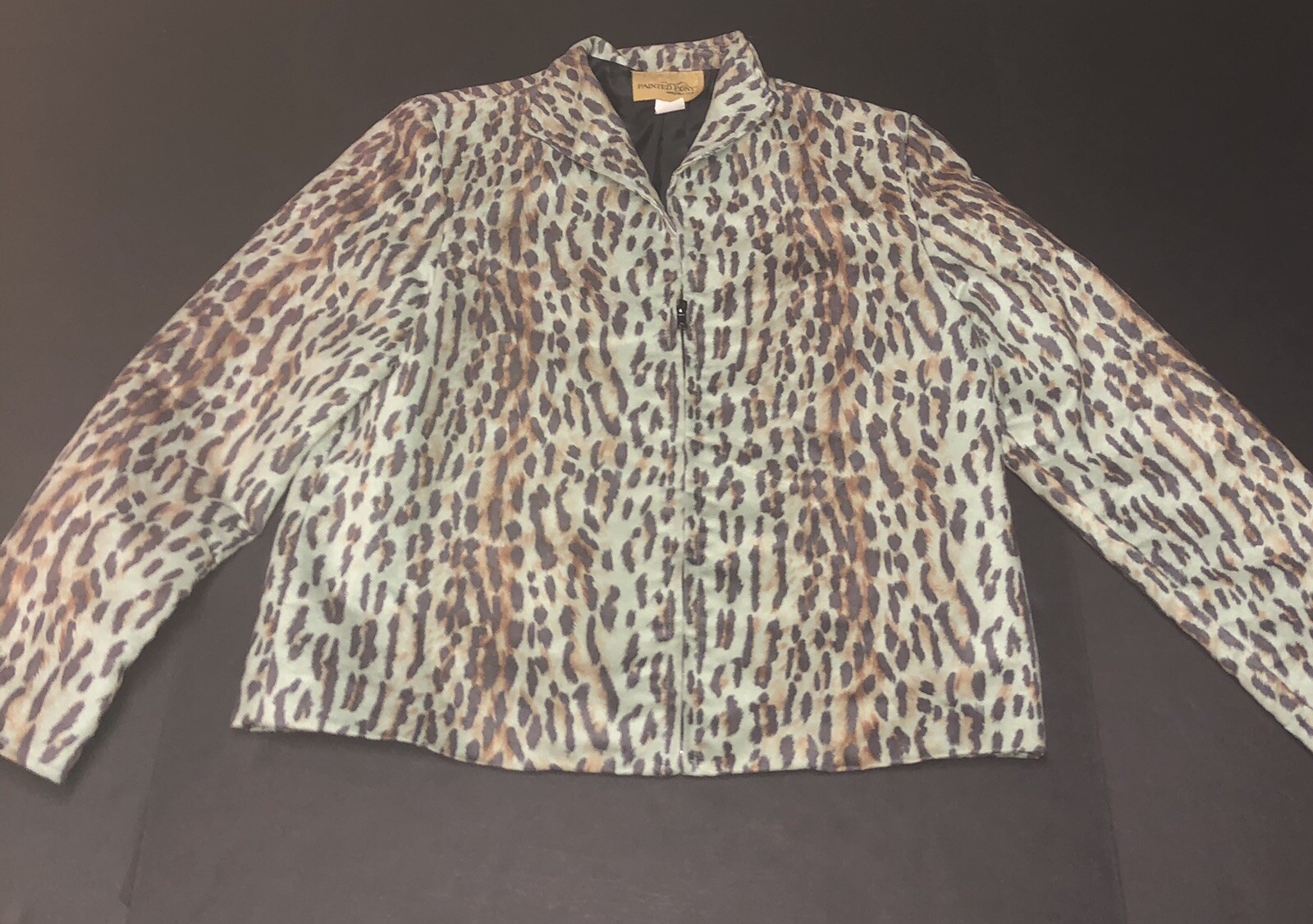 Blazer arazzo donna pony dipinto giungla leopardato verde acqua taglia M 1 2 zip J15
